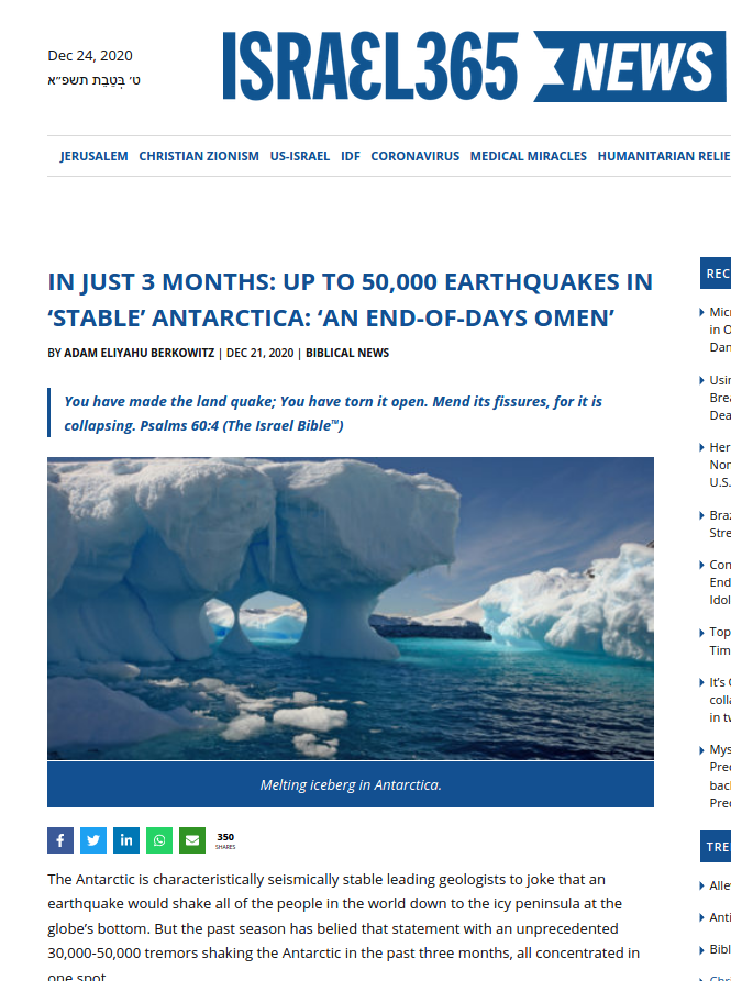 In slechts drie maanden: 30.000 - 50.000 aardbevingen in stabiel Antarctica. Bron: https://www.israel365news.com/162466/in-just-3-months-up-to-50000-earthquakes-in-stable-antarctica-an-end-of-days-omen/.