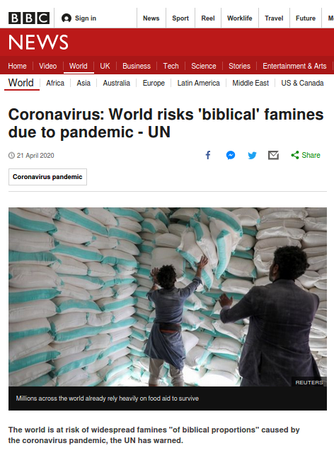 VN kondigt grote hongersnoden aan. Bron: BBC News, 21-04-2020, bron: https://www.bbc.com.