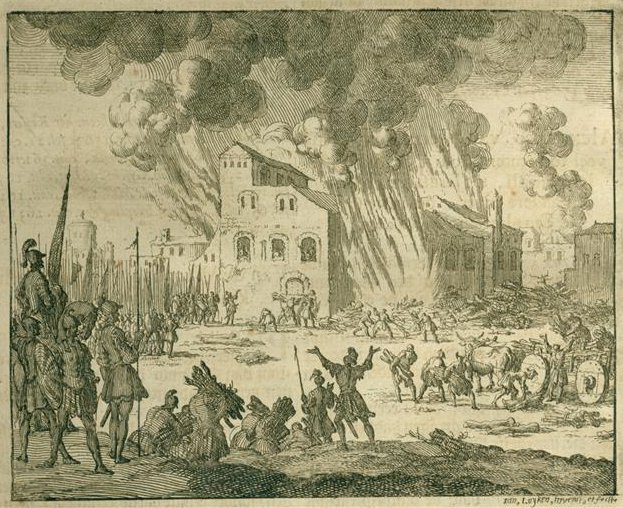 Keizer Maximus laat vele duizenden Christenen in hun kerken verbranden. Bron: ‘The Bloody Theater or Martyrs Mirror of the Denfenseless Christians’, Thieleman J. van Braght, Herald Press, Scottdale/Waterloo, Pennsylvania/Ontario, USA, 1886, 1999, blz. 132.