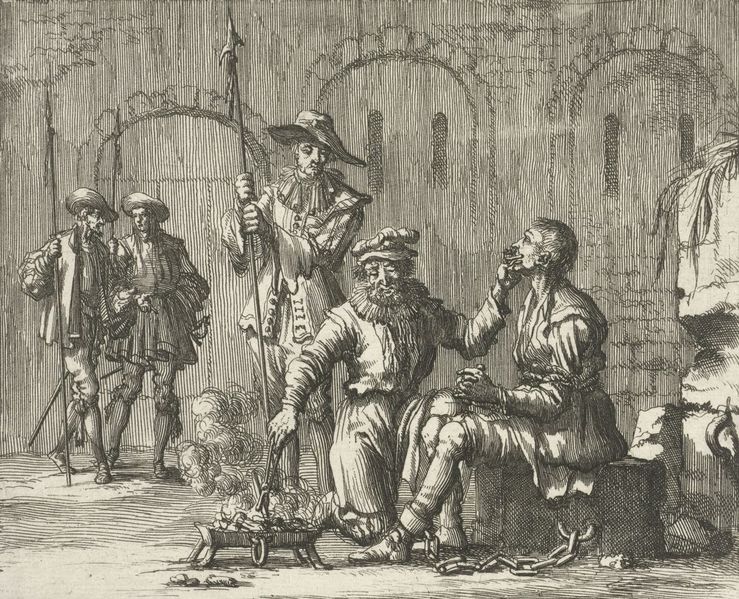 John Bret krijgt de tongklem ingeschroeft - 1576. Bron: ‘The Bloody Theater or Martyrs Mirror of the Denfenseless Christians’, Thieleman J. van Braght, Herald Press, Scottdale/Waterloo, Pennsylvania/Ontario, USA, 1886, 1999, blz. 1038.