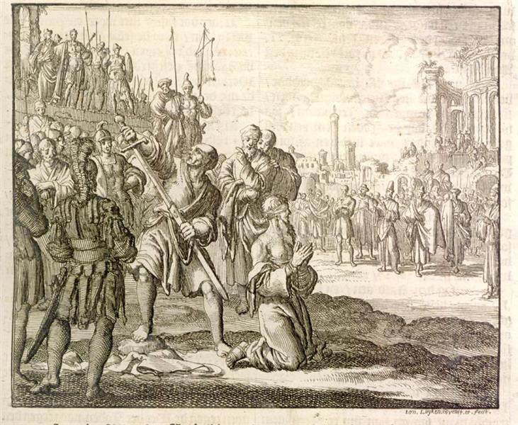 De apostel Paulus onder Nero onthoofd, 69 na Chr. Bron: ‘The Bloody Theater or Martyrs Mirror of the Denfenseless Christians’, Thieleman J. van Braght, Herald Press, Scottdale/Waterloo, Pennsylvania/Ontario, USA, 1886, 1999, blz. 82.