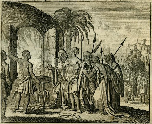 De apostel Thomas in een oven geworpen en doorstoken met een speer. Bron: ‘The Bloody Theater or Martyrs Mirror of the Denfenseless Christians’, Thieleman J. van Braght, Herald Press, Scottdale/Waterloo, Pennsylvania/Ontario, USA, 1886, 1999, blz. 89.