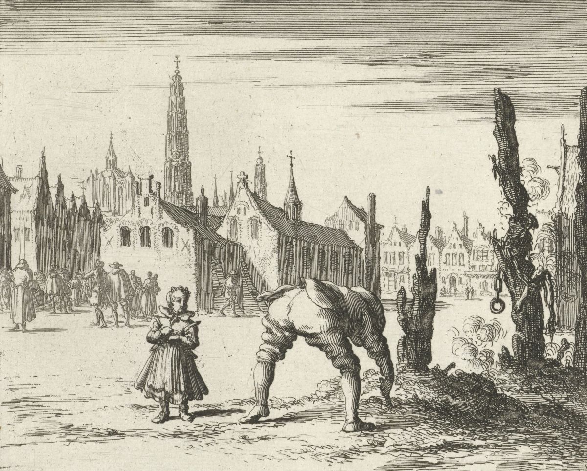 De zoon van Maeyken Wens zoekt haar tongschroef... Bron: ‘The Bloody Theater or Martyrs Mirror of the Denfenseless Christians’, Thieleman J. van Braght, Herald Press, Scottdale/Waterloo, Pennsylvania/Ontario, USA, 1886, 1999, blz. 980. (De eerste Nederlandse uitgave was reeds in 1660).