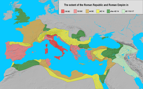 Het oude Romeinse Rijk in zijn grootste omvang (Bron: zie Wikipedia, onder 'Romeinse Rijk')