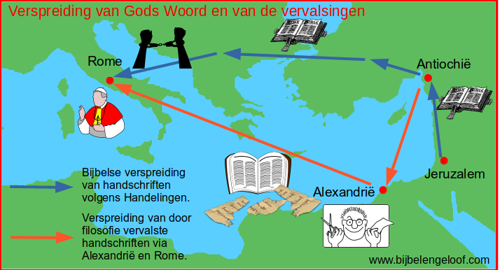 Kaartje verspreiding manuscripten van Gods Woord en de vervalsingen.